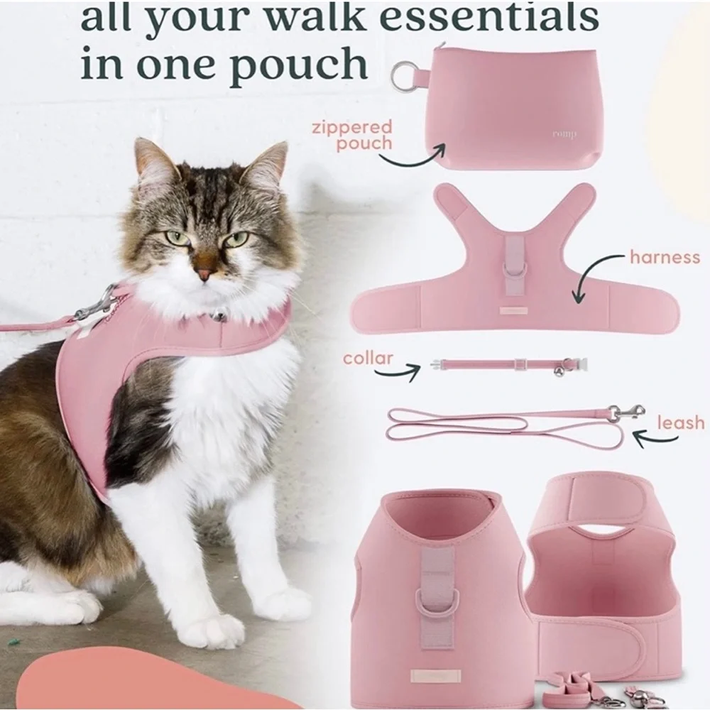 Romp Cat Harness, Collar & Leash Set. Size Medium, Powder Pink